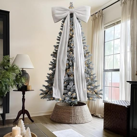 Big Bow For Christmas Tree, 70.8in Large Long Satin Bow Christmas Tree Top, Giant White Velvet Bows, ChristmasTree Toppers Bows For Home Wall Backdrop Birthday Wedding Party Decorations
