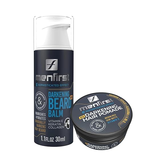 MENFIRST Darkening Hair Pomade & Beard Balm Bundle for Men Temporary Gray Coverage Pomade (3 oz) + Leave-In Beard Conditioner (1 oz) Chemical-Free Dark Shades