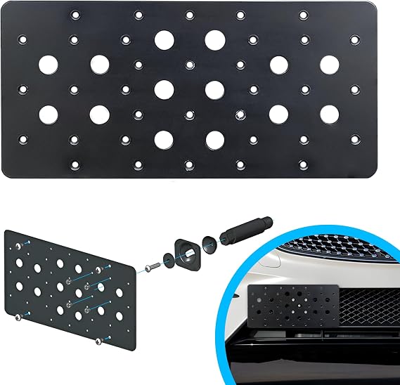 Front Bumper Tow Hook License Plate Mount Bracket for Mercedes , Plate Holder Set w Unique Screw Bolts & Black Screw Caps, License Tag Mounting Kit, Quality Plate Holders, Premium Car Accessories