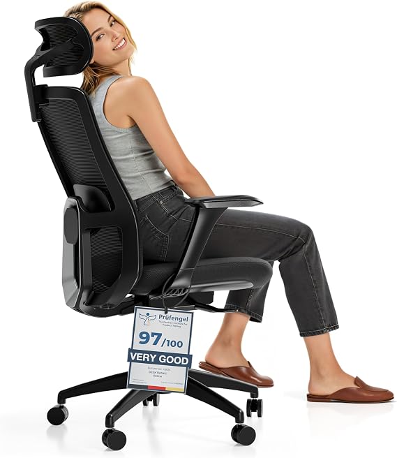 Desktronic Adjustable Ergonomic Office Chair | Desk Chair with headrest, armrests, lumbar support, height adjustments - Designed for European body - Breathable Mesh - Spacious seating (Black)
