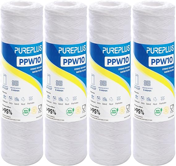 PUREPLUS 5 Micron 10x2.5 Hauswasser-Sedimentfilter aus Faserwickel für Brunnenwasser - Ersatzpatrone für RO-System WP-5 Aqua-Pure AP110 CFS110 Culligan P5 WFPFC4002 4 Stück