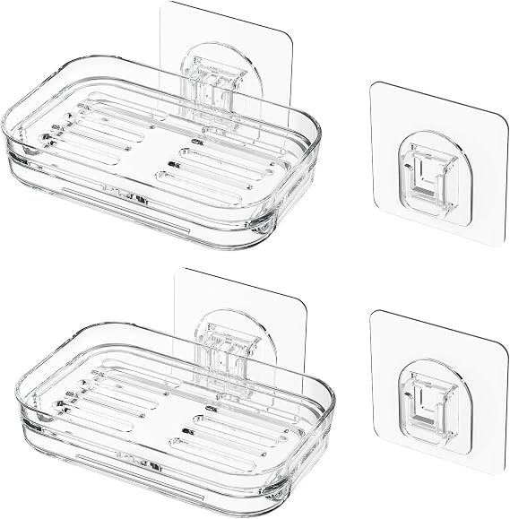 Bar Soap Dish 2 Pack,Self Draining Soap Holder for Shower,Wall Mounted Soap Saver with Strong Adhesive, No Drilling Clear Plastic Holder for Bathroom Storage & Kitchen Sink Organizer,Keeps Soap Dry