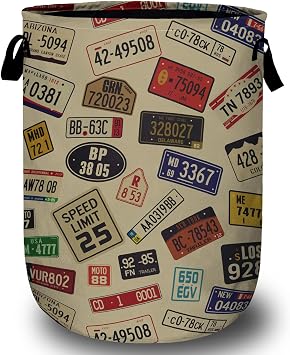 Colourful Car Number Plates Laundry Basket, Laundry Hamper Collapsible Oxford Cloth with Handle Clothes Storage Bin for Bathroom Laundry Room Bedroom 15.7 X 20 Inch