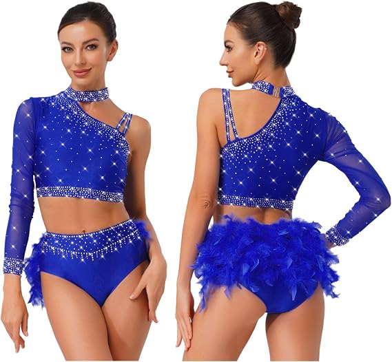Loyan Women 2 Piece Sparkly Rave Costume Jazz Latin Crop Top with Feather Briefs Lyrical Dance Outfit