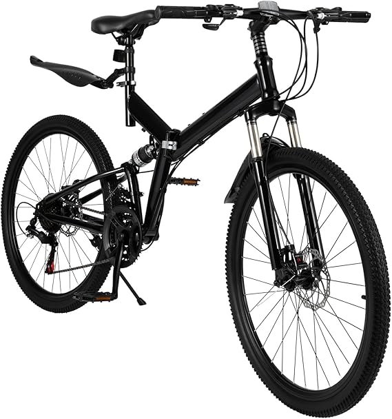 26 Inch Foldable Mountain Bike with Carbon Steel Frame, Unisex 21 Speed Portable Adult Mountain Bike With Dual Disc Brake, Adjustable Seat Black MTB Bicycle Mountain Bicycle for Mens and Womens