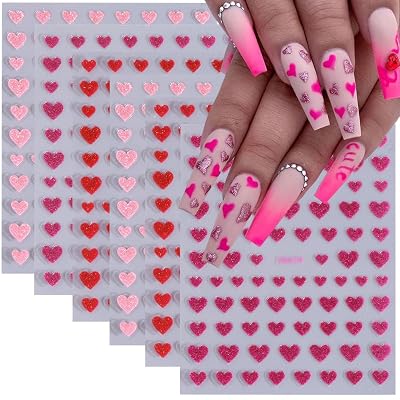Heart Nail Art Stickers Valentines Day Heart Nail Decals 6PCS Red Pink Shining Love Heart 3D Self-Adhesive Valentines Nail Art Decorations Supplies Heart Nail Stickers for Nail Art Manicure Design