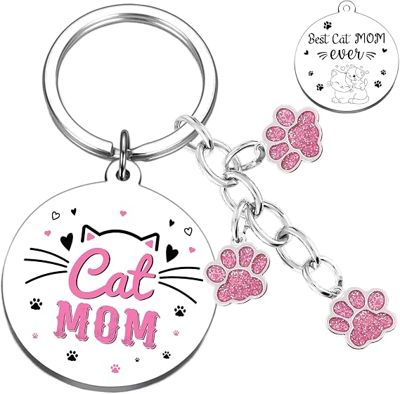 Cat Mom Gifts Keychain for Women - Cute Cat Lover Christmas Gift for Women Mommy Girl with Cat Pink Paw Keyring Best Cat Mom Mother's Day Birthday Thanksgiving Christmas Presents