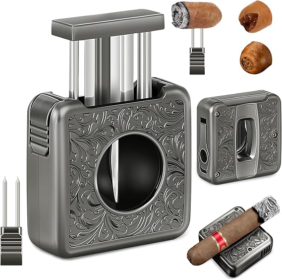 V Cut Cigar Cutter 4-in-1 Stainless Steel with Punch,Twin Needle, Holder, Portable Sharp Multifunctional Smoking Accessories, Cigar Tools as a Gift for Men (Black)