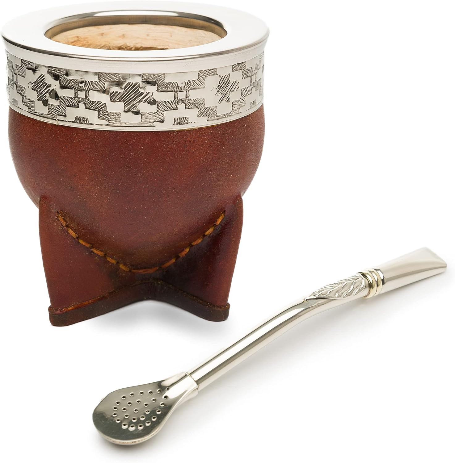 Yerba Mate Gourd Set with Stainless Steel Straw | Handmade Leather Yerba Mate Cup and Bombilla Set from Argentina - Beach Essentials - Idea for Gifts | Travel Cup Mate