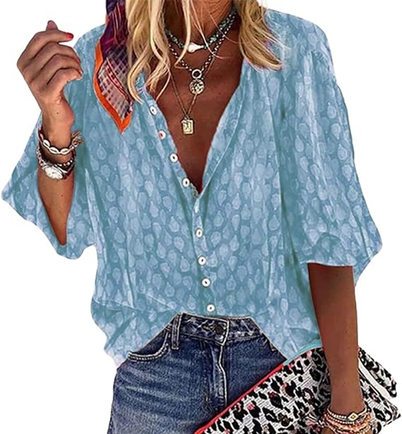 Boho Tops for Womens V Neck Bell Sleeve Tunic Blouse Shirts Casual Summer Floral Print Loose Fit Workout Blouse Tees