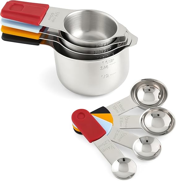 Deiss LUX Stainless Steel Measuring Cups and Spoons Set - Magnetic Measuring Spoons Set, 8-Piece Metal Measuring Cups, 4 Dry Measuring Cups, 4 Spoons, Color-Coded Handles, Dishwasher Safe
