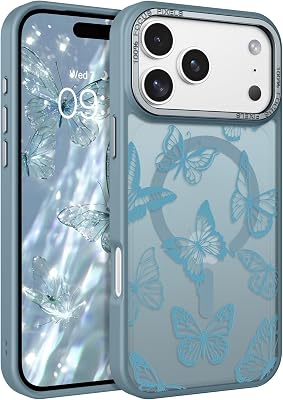 BENTOBEN for iPhone 17 Pro Max Case,Cute Butterfly Pattern 17ProMax Magnetic Case [Compatible with MagSafe] Translucent Matte Slim Shockproof Protective Cover for iPhone 17 Pro Max 6.9,Gray Blue