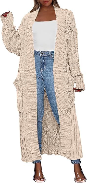 Caracilia Womens Long Cardigan Sweaters 2026 Fall Open Front Coat Long Sleeve Cable Knit Maxi Outerwear Trendy Jacket Clothes