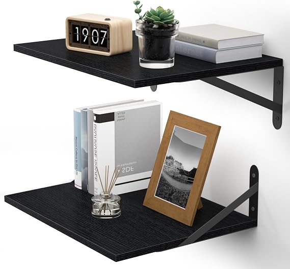 Black Deep Floating Shelves for Wall, 16" W x 12" D Wood Shelf Set of 2, Bookshelf Wall Mounted Hanging Shelves for Living Room, Kitchen, Office, Bathroom and Bedroom Decor