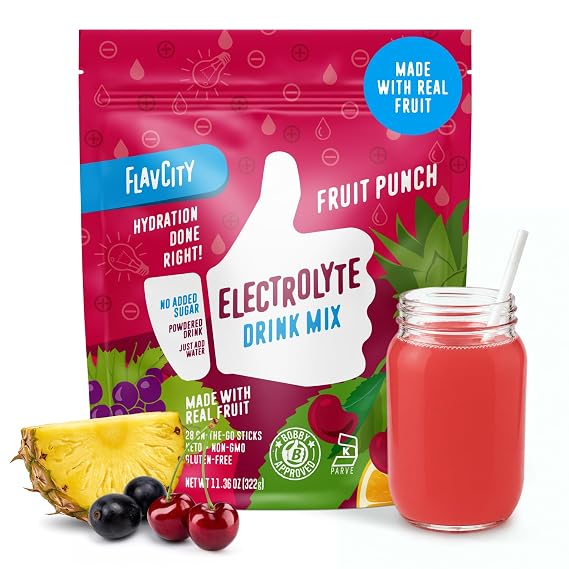 FlavCity Fruit Punch Electrolytes Powder Packets - 28 Hydration Packets - No Added Sugar - Hydration Powder with Real Fruit & Unrefined Sea Salt - Keto & Gluten-Free (28 Stick Packs)