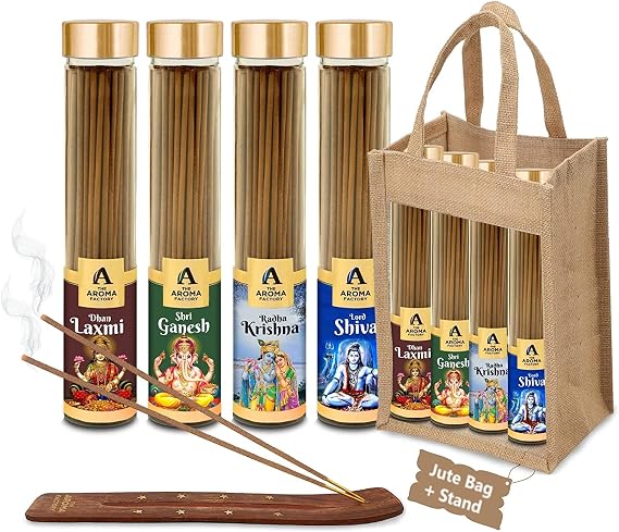The Aroma Factory Organic Incense Sticks Natural Aromatic Fragrances | Charcoal Free| Non Toxic | Hand Made Herbal Pooja Agarbatti, Combo of 4 x 100g Jute Gift Set (God's Fragrance)