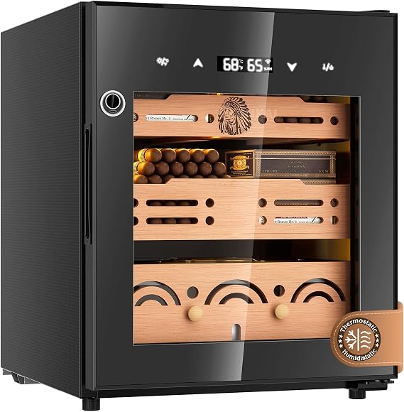 Electric Cigar Humidor Cabinet with Temperature & Humidity Control System, 50L Cooling Cigar Fridge up to 300 Counts, Cedar Wood Shelves,Digital LED Screen,Fingerprint Safety Lock,Gift for Men