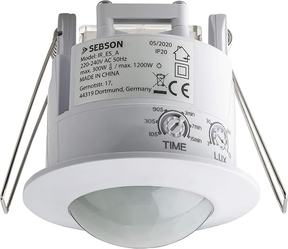 SEBSON PIR Motion Sensor Indoor Ceiling Flush-Mounted 6m/360° LED Suitable | Programmable PIR Sensor, LED Suitable 300W, Recessed Infrared Motion Detector, Range 6m/360°, 3-Wire - Set of 2