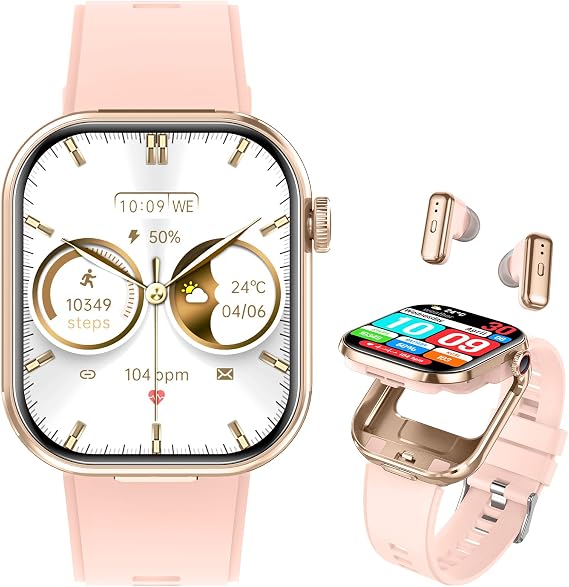 Smart Watch with Earbuds for Women, 2'' HD (Answer/Make Calls) 2 in 1 Smartwatches and Headphones,100+ Sport Modes Fitness Tracker with Heart Rate/Sleep, Compatible iPhone/Samsung/Android