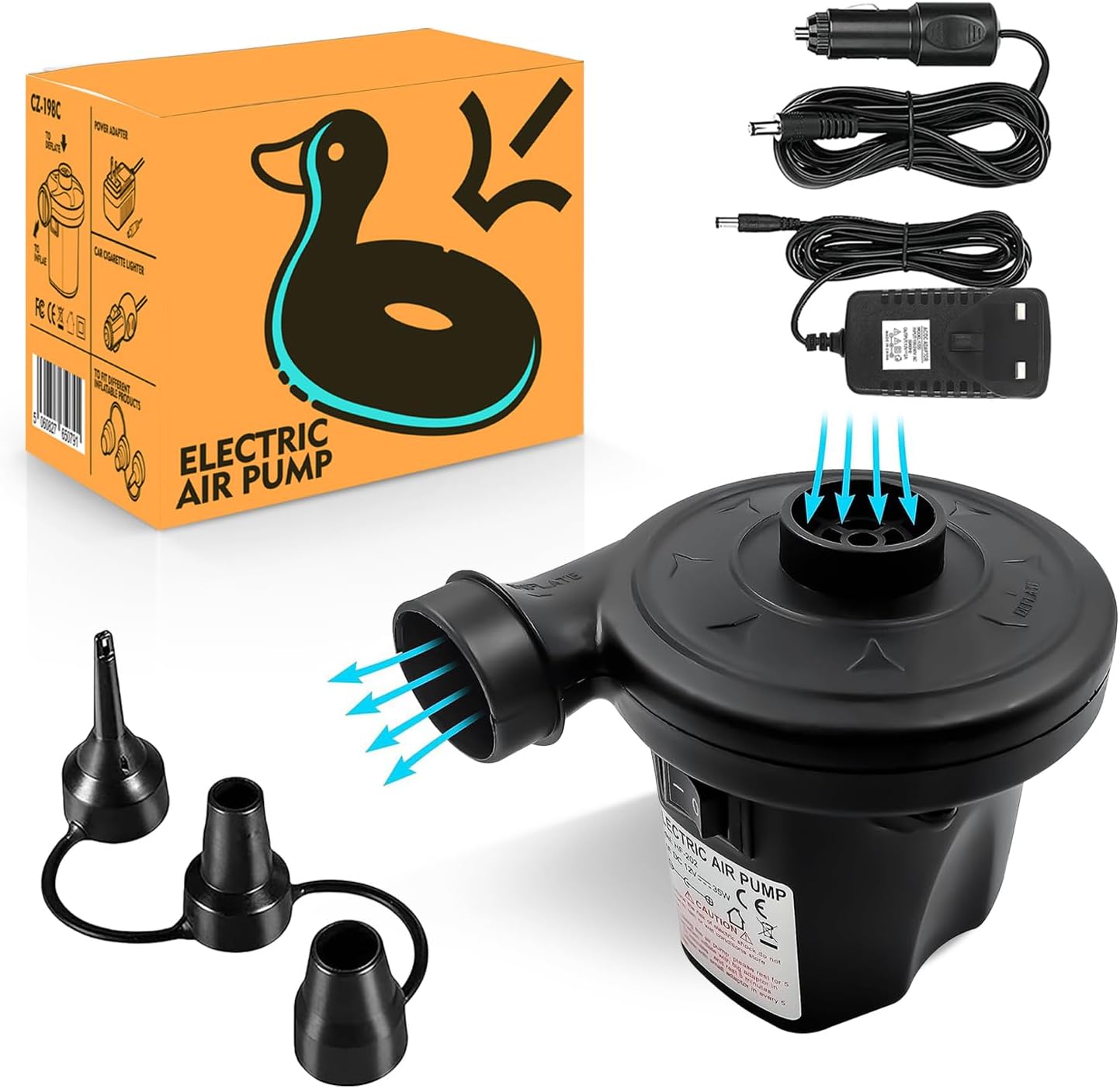 Roe Tenpo Electric Pump for Inflatables with 3 Nozzles, Quick-Fill InflateDeflate, AC110-240V DC12V50W High Power Electric Air Pump for Inflatables Air Bed Mattress, Toys, Paddling Pool Pump