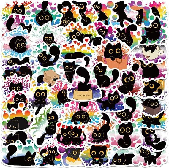 Funny Black Cat Meme Anime Stickers for Adults, 50PCS Cute Kitten Vinyl Waterproof Stickers Bulk for Water Bottle Laptop Scrapbook Journal Phone, Kawaii Animals Decals