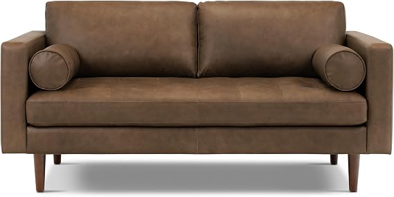 Poly & BARK Napa 72" Leather Sofa Full-Grain Italian-Tanned Aniline Leather, Feather-Down Comfort, Solid Wood Frame, Walnut Legs, Cocoa Brown