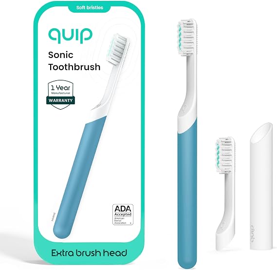 Quip Sonic Electric Toothbrush for Adults with Timer - Includes Travel Case & Replacement Brush Head - 3 Month Battery Life, Plastic Handle - Marine Blue