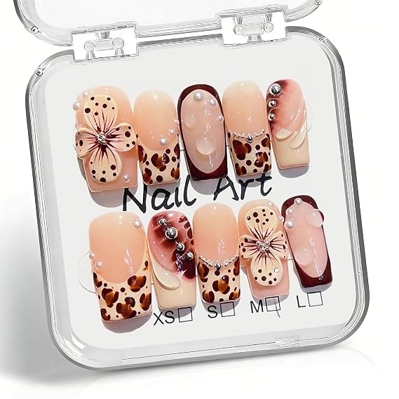 10 Pcs Handmade Press on Nails Medium M Size Brown Leopard French