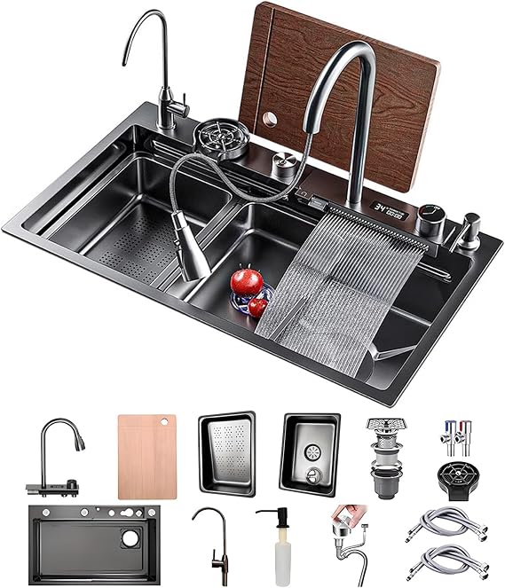Stainless Steel Farmhouse Kitchen Sink, 75x50cm, Undermount, 2 Bowl, Black-Grey A