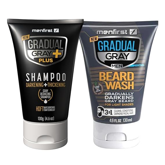 MENFIRST Gradual Gray PLUS Shampoo & Beard Wash Bundle for Men 2X Pigment Shampoo (4.6 oz) + Light Shades Beard Wash (4.6 oz) Chemical-Free