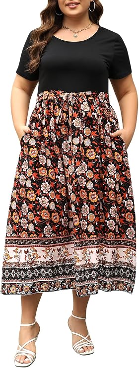 Nemidor Women Plus Size Summer Long Dress Boho Flared Pocket | Short sleeve, scooped neck, elastic waist, curvy, size 1426 plus, maternity, beach, casual party, wedding, vacation, work