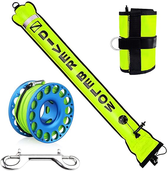 5ft Yellow Scuba Diving Open Bottom Surface Marker Buoy (SMB) with 98ft Finger Spool Alloy Dive Reel and Double Ended Bolt Clip Blue