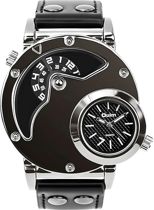 MJSCPHBJK Mens Dual Dial Analog Watch Unique 2-in-1 Timepiece with Japanese Quartz Movement, Stainless Steel Case, PU Leather Band, Dual Time Display, Fashion Dress Wrist Watch for Business Casual Wear