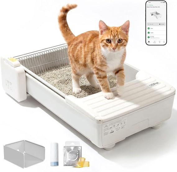 UBPET C31 Cat Litter Tray Self-Cleaning, Open Self-Cleaning Cat Litter Tray with App Control, Deodoriser, Double Data Teeth Design, Large Capacity, Automatic Cat Litter Tray for Multiple Cats