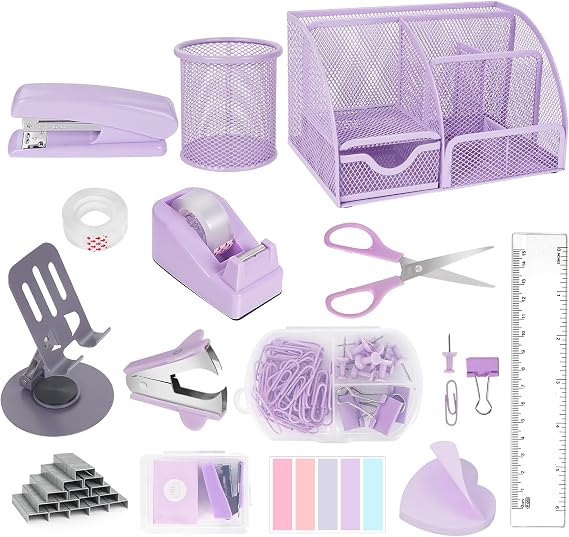 Desk Organizers and Accessories, Office Supplies 15PS Set with Stapler, Staple Remover, Pen Holder, Clips Set, Tape Dispenser, Tape, Phone Holder, 1000 Staples, Ruler, Scissors (Purple)