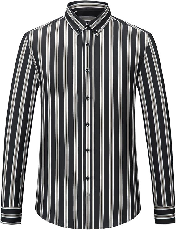 Men's Sleek Stretch Wrinkle-Free Striped Dress Shirts, Business Casual Long Sleeve Button-Down Shirt for All-Seasons
