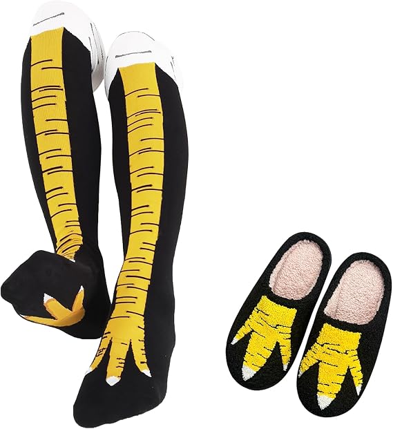 WHOTAY Funny Chicken Slipper with 1 Pair Crazy Chicken Leg Socks for Women Novelty Thanksgiving Turkey Costume Kids Gag Gifts