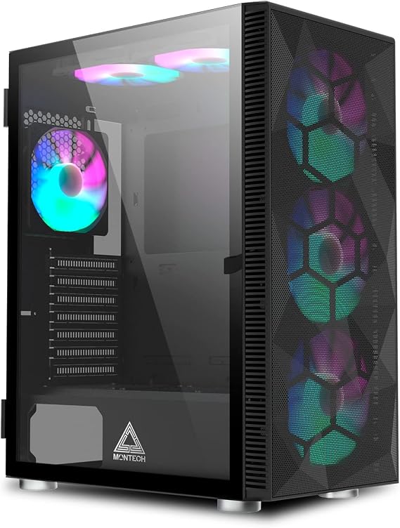 MONTECH X3 Mesh High Airflow ATX Mid-Tower PC Case, 6 Fixed RGB Fans, Black