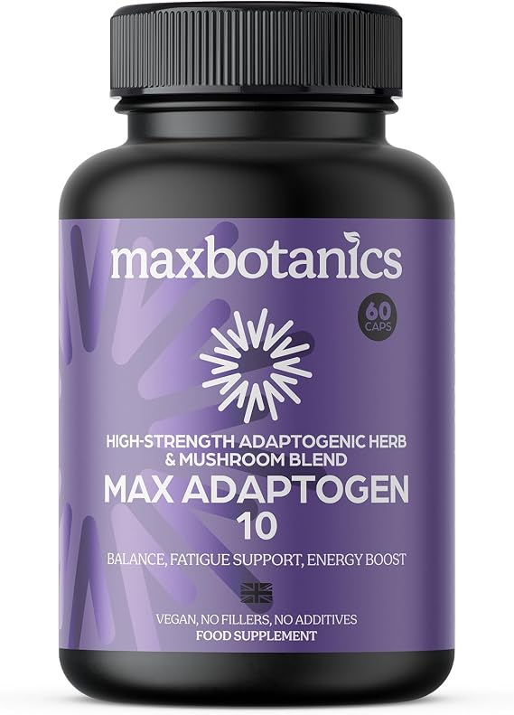 Max Adaptogen 10 Balance, Fatigue, Energy Boost & Stress Support 10-Herb Adaptogen High Strength Mushroom Blend with Ashwagandha, Rhodiola & Ginseng Natural Vegan UK Made (60 Capsules)
