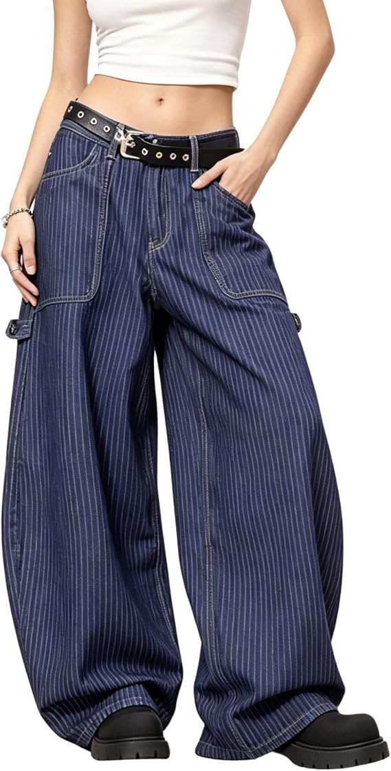 Baggy Barrel Jeans for Women Striped High Waisted Denim Pants