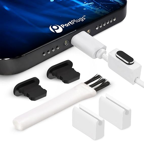 PortPlugs Aluminum Dust Plugs Compatible with Lightning for iPhone 14, 13, 12, 11, XS, XR, X, 8, 7, Plus, Max, Pro & iPad Port Covers with Holders & Cleaning Brush | Black (2-Pack)