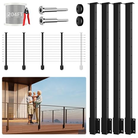 4Pack One-Stop Side Mount Cable Railing Post Kits 42" (Post Body 47.6"), Complete Set Include 4 Pack Side Mount Line Posts, 204ft Cable, 12 Sets Cable Tensioner, 96 Cable Grommets (No Handrail)