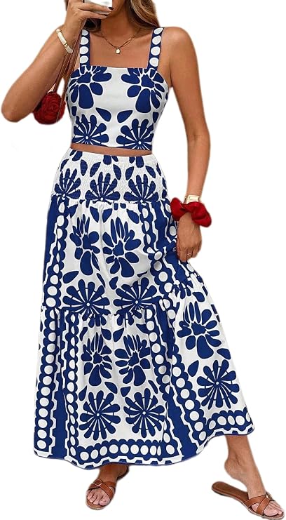 ksotutm Floral Summer Vacation Outfits for Women Square Neck Halter Crop Top High Waist A Line Maxi Skirt 2 Piece Sets