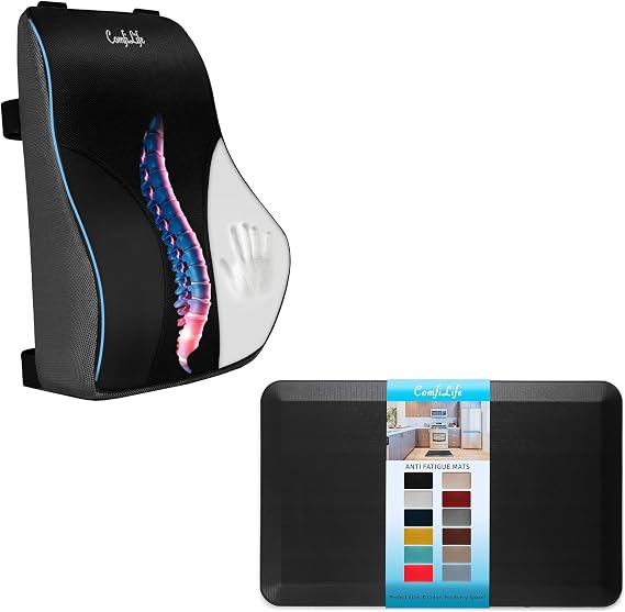 ComfiLife Lumbar Support Pillow & Anti Fatigue Mat Bundle Lumbar Support Pillow for Office Chair Kitchen Mat, Standing Desk Mat Back Support for Office Chair, Car Back Pain Relief