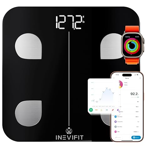 INEVIFIT Smart Body Fat Scale, Highly Accurate Bluetooth Digital Bathroom Body Composition Analyzer, Measures Weight, Body Fat, Water, Muscle, Visceral Fat & Bone Mass for Unlimited Users (Black)