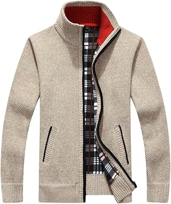 chouyatou Mens Classic Band Collar Full Zip Color-Block Stripe Cable Knitted Cardigan Sweater Coat