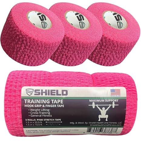 SHIELD | Weightlifting Tape - Made in USA, Hook Grip, Cross-Training, WOD Grip Tape 3-Pack Durable, Non-Slip, Comfortable Stretchy Athletic Tape Thumb, Wrist, Finger Protection (Pink)