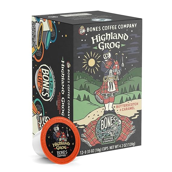 Bones Coffee Company Flavored Coffee Bones Cups Highland Grog Butterscotch Caramel | 12ct Single-Serve Coffee Pods Compatible with Keurig 1.0 & 2.0 Keurig Coffee Maker