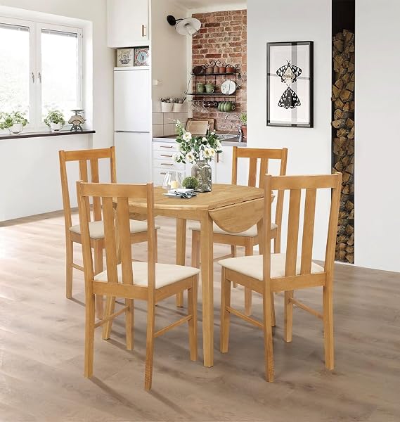 Hallowood Furniture Ledbury Round Drop Leaf Dining Table and Chairs Set 4 | 61-92cm Light Oak Dinner Set for 4 Table and Chairs with Cream Fabric Seats, Wooden Dining Room Furniture for Home or Cafe