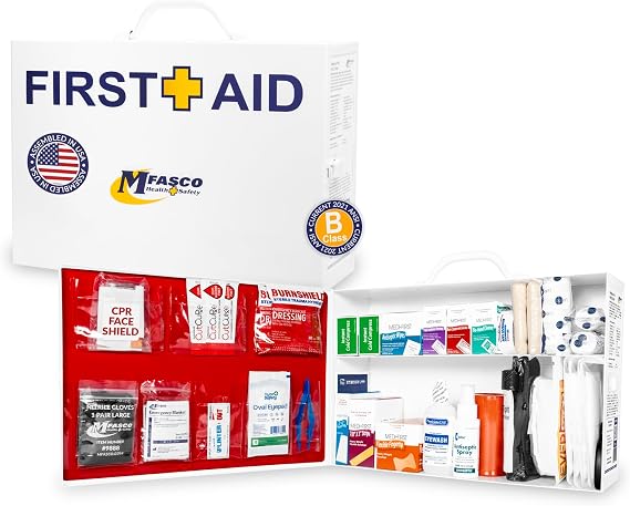 MFASCO First Aid Cabinet ANSI OSHA Class B 2 Shelf Metal Box 226 Pieces | First Aid Kit for Business OSHA Class B Compliant Type I & II Carry or wall-mount | White Enamel Finish| Easy to Refill